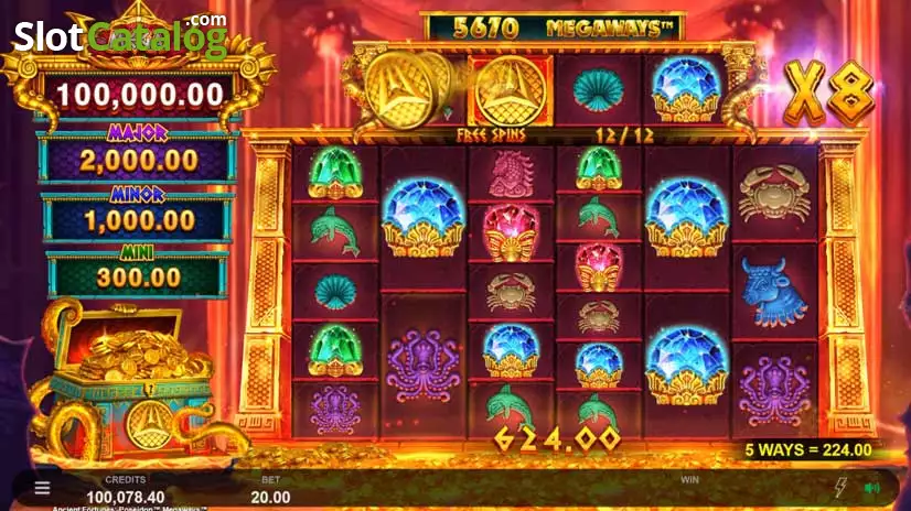 Pantalla de juego del slot Ancient Fortunes Poseidon Megaways con rodillos Megaways y símbolos de bonificación