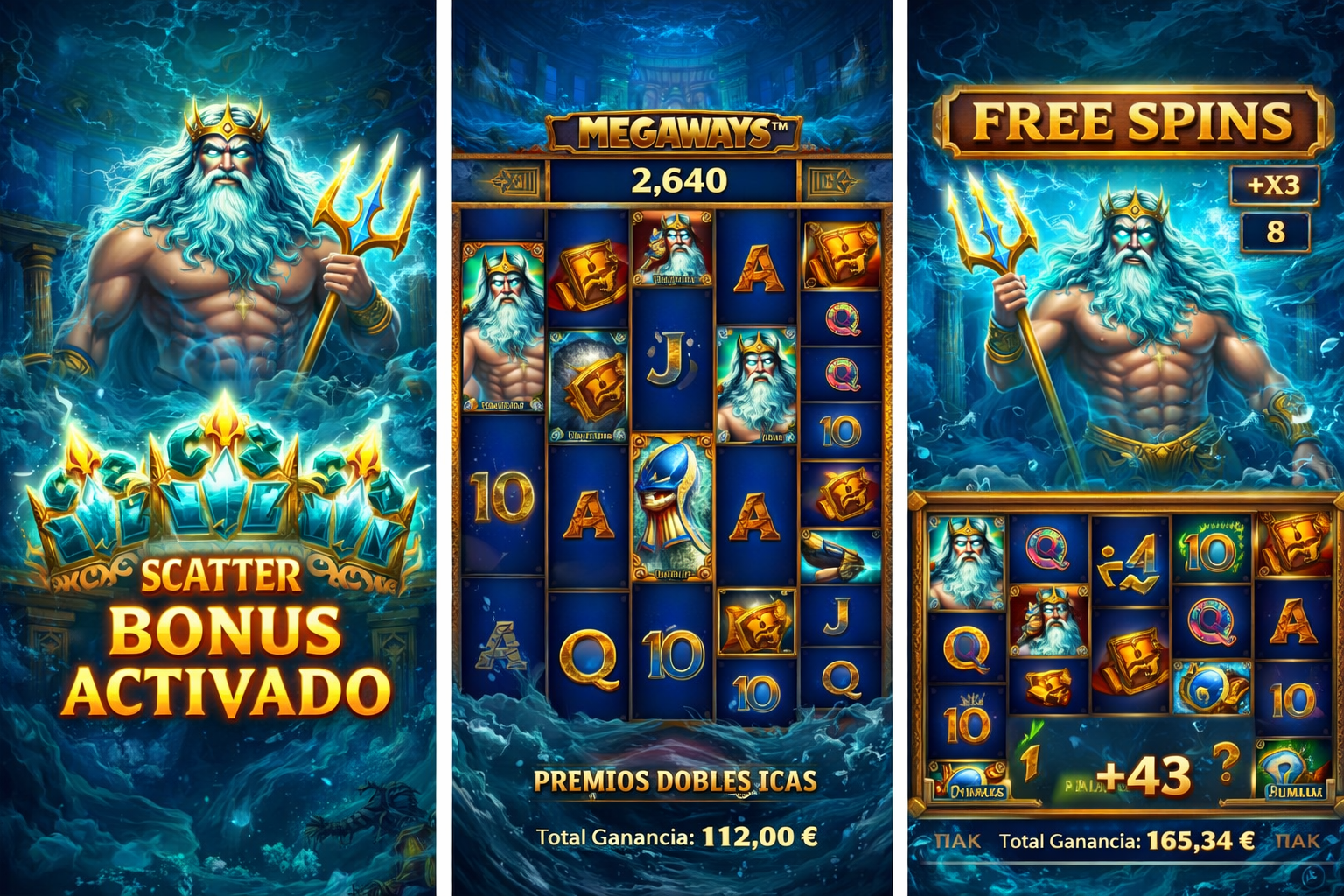 Activación del bonus Scatter en Ancient Fortunes Poseidon Megaways con Poseidón y símbolos especiales