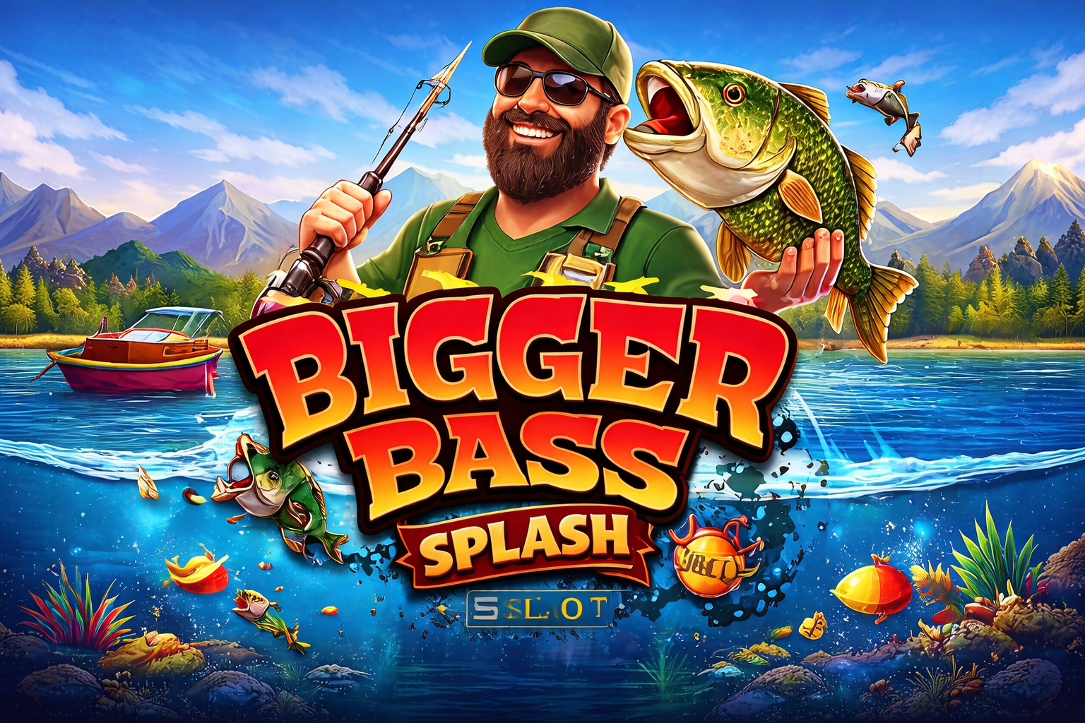 Bigger Bass Splash slot de Pragmatic Play con pescador y pez gigante en un lago