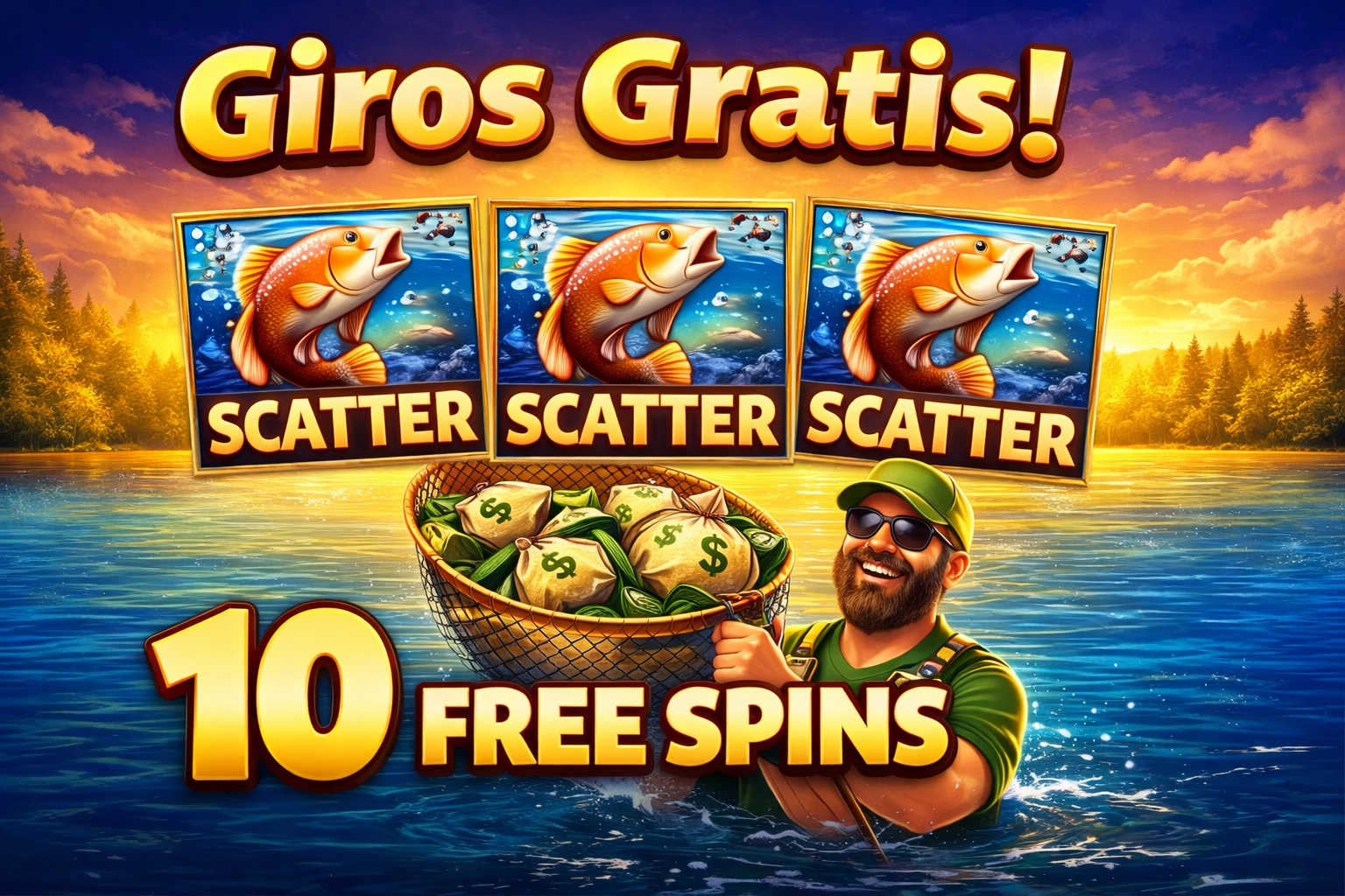 Giros gratis de Bigger Bass Splash con símbolos Scatter y 10 free spins