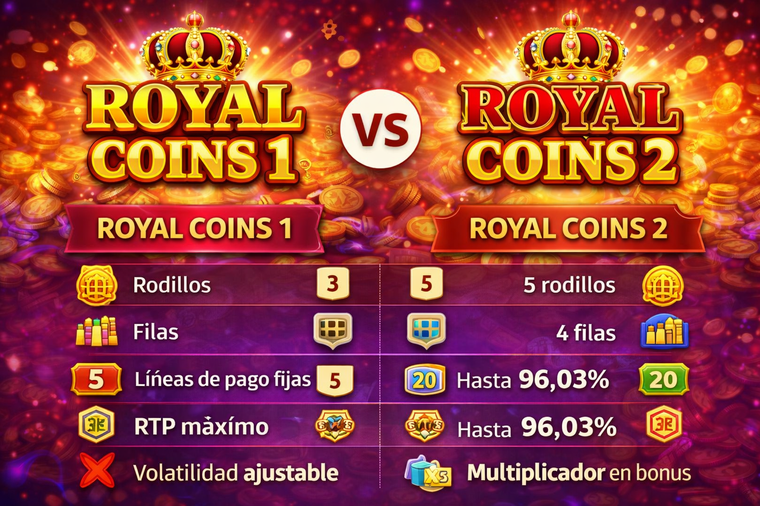 Comparación entre Royal Coins 1 y Royal Coins 2 con RTP, rodillos y funciones principales