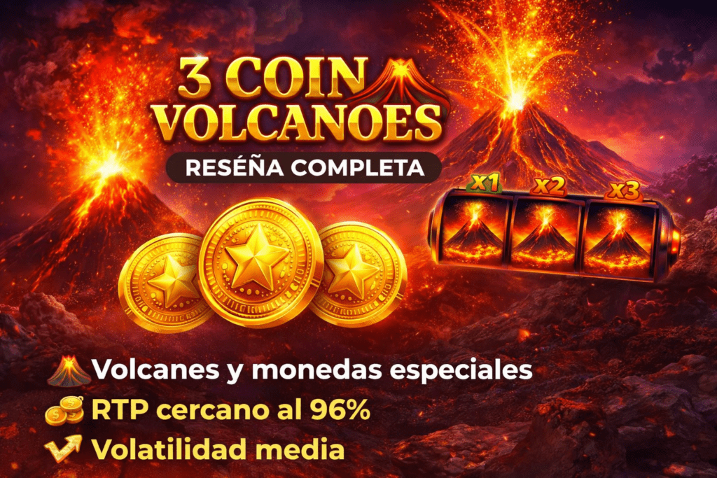 3 Coin Volcanoes slot con volcanes activos, monedas especiales y RTP cercano al 96%