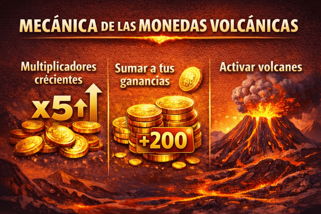 Mecánica de las monedas volcánicas en la tragamonedas 3 Coin Volcanoes con multiplicadores crecientes y activación de volcanes